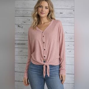 Knox Rose Pink Waffle Front Tie Top sz. M